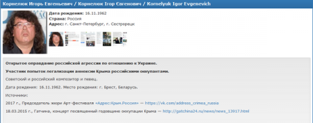 В базу «Миротворца» угодил российский певец и композитор Игорь Корнелюк